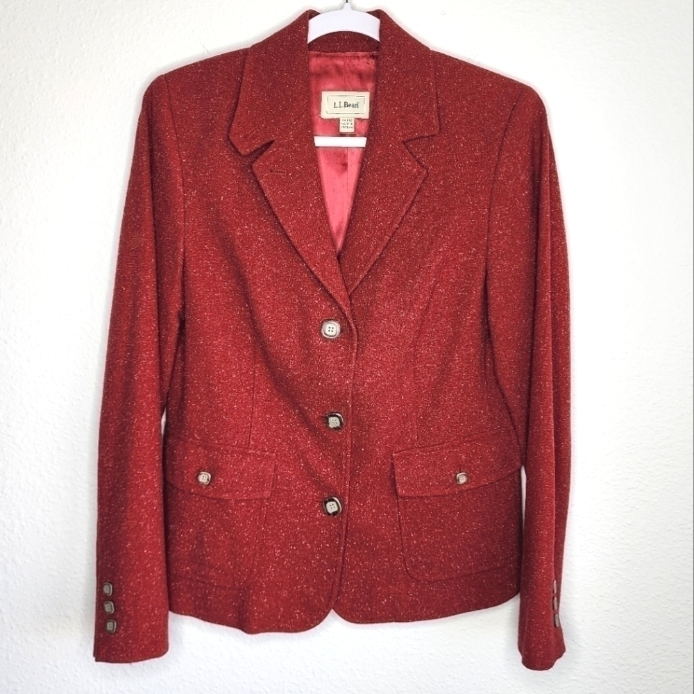 L.L.Bean Blazer Red White Specs Wool Silk Blend Women's Small
